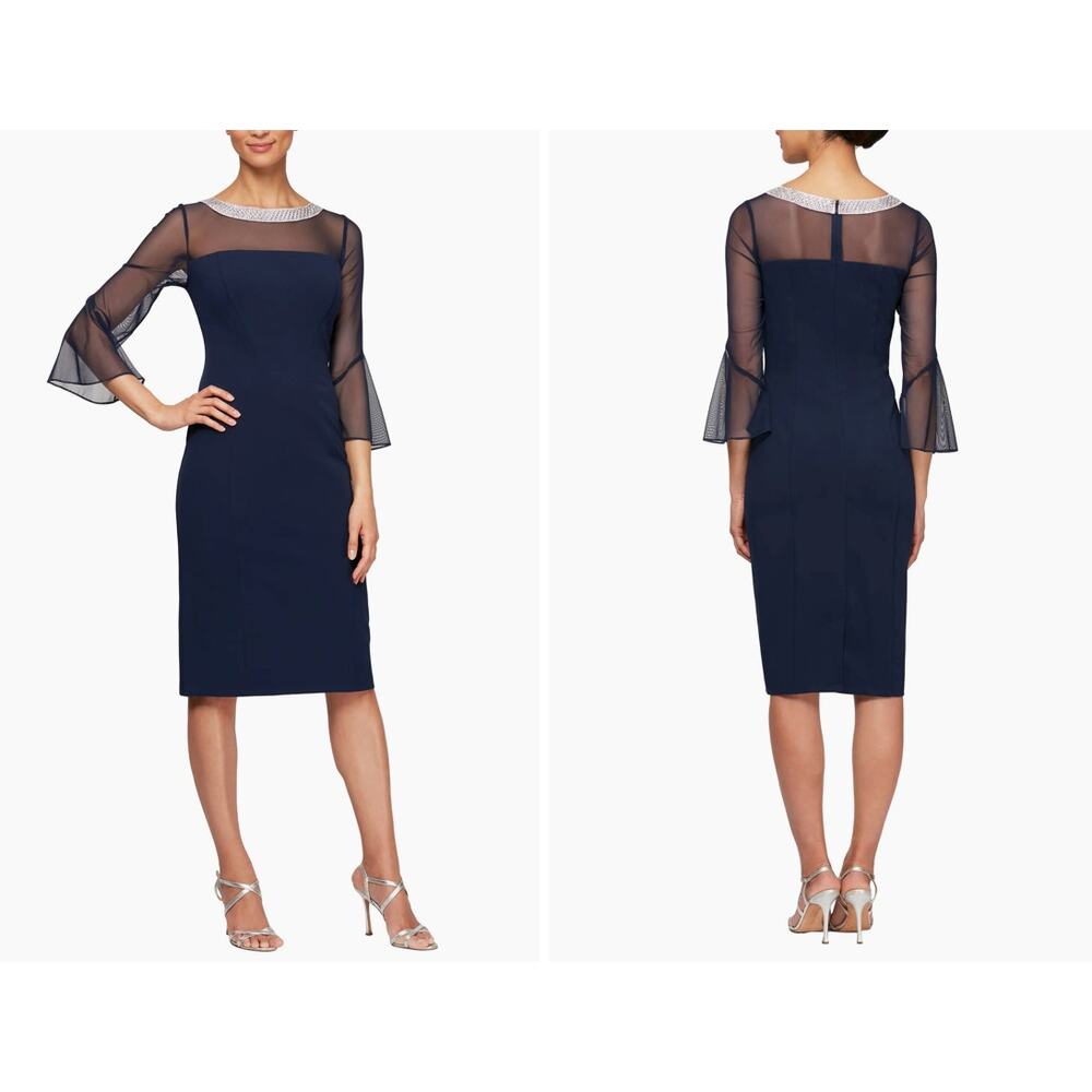Alex Evenings Embellished Shift Cocktail Dress Size 6 Navy Wedding Guest Festive